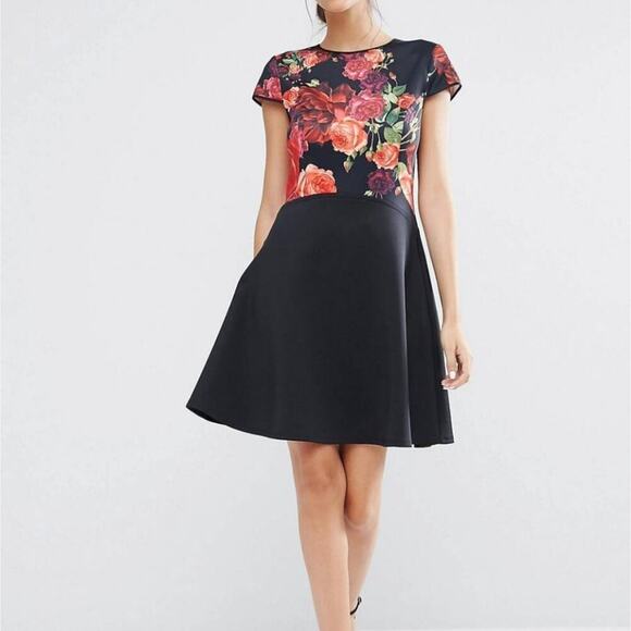 Ted Baker Xylee Skater Dress Floral Scuba Cap Sleeve Fit&Flare BlackRed Size 3/8 - Picture 10 of 10